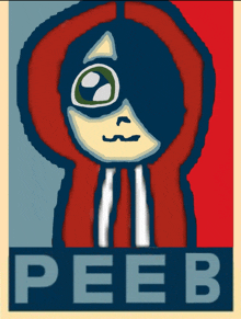 a poster with a cartoon character and the word peeb on it