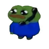 a green frog is talking on a telephone while wearing a blue shirt .