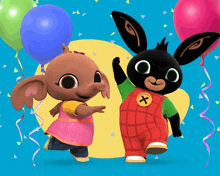 two cartoon characters holding balloons and one has an x on his chest