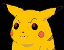 a close up of a cartoon pikachu with red eyes and teeth .