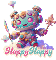 a cartoon illustration of a robot with the words happy happy written below it