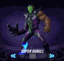 a video game character named super skrull is standing in a dark room