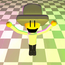 a cartoon character wearing a hat and a yellow shirt is standing on a checkered floor