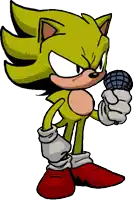 a cartoon drawing of a yellow sonic holding a microphone