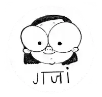 a black and white drawing of a cartoon character with big eyes and the word jaji written below it