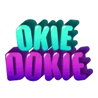 a sticker that says okie dokie in blue and purple letters