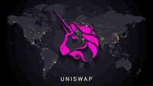 a pink unicorn is on a map of the world with the word uniswap below it