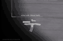 a black and white photo of a knife bullet and magazine with the words killed with blood oath below it