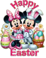 a picture of mickey mouse and minnie mouse with easter eggs and the words happy easter on the bottom