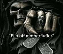 a grim reaper holding a dog tag that says " flip off motherflutter "