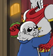 a cartoon drawing of papyrus holding a skeleton in his arms