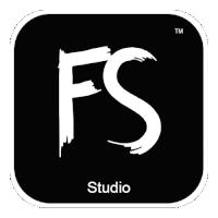 a black square with a white fs logo and the words studio underneath