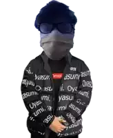 a person wearing a mask and sunglasses is wearing a jacket with the word yasu on it