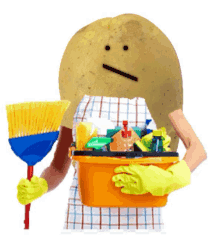 a person with a potato head holding a broom and a basket of cleaning supplies