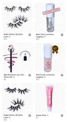 a screenshot of a website showing a variety of products including lashes and lip gloss