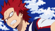 a close up of a red haired anime character with his mouth open