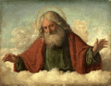 a painting of a man with a beard sitting in the clouds .