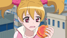 a girl in a pink outfit is holding a hamburger