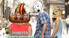 a man and a woman are walking down a street with a boat with cats on it and the words shibota fun with zero fees