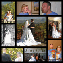 a collage of photos of a bride and groom with the name jason cathy on the bottom right