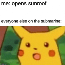 a cartoon of a surprised pikachu with the caption " me opens sunroof everyone else on the submarine "