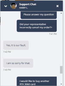 a screenshot of a support chat between harry l and a customer