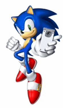 sonic the hedgehog is holding a cell phone and pointing