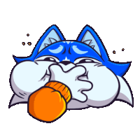 a cartoon drawing of a blue and white cat holding a bottle in its mouth