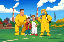 a cartoon of a family standing in front of a factory wearing yellow suits