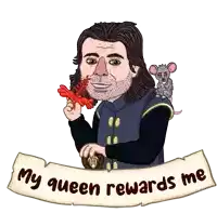 a cartoon of a man holding a lobster next to a scroll that says ' my queen rewards me '