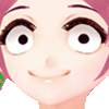 a close up of a cartoon girl 's face with big white eyes and pink hair .