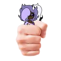 a cartoon character with purple hair and horns is being held in a fist