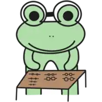 a green frog wearing glasses is sitting at a table