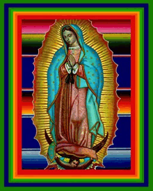 a colorful painting of the virgin mary with a rainbow border .