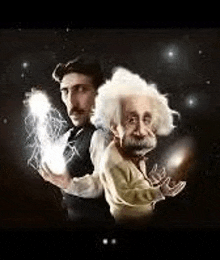 a cartoon of nikola tesla and albert einstein holding lightning bolts in their hands .