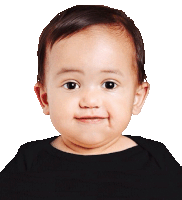 a baby is wearing a black shirt and smiling for the camera