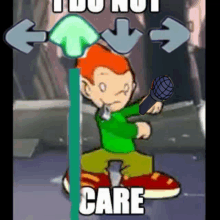 a cartoon character is holding a microphone in his hand and says `` do not care '' .