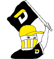 a drawing of a person holding a flag that has the letter d on it