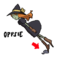 a cartoon of a witch with the word oppsie written below her