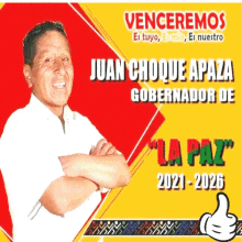 a poster for juan choque apaza shows him with his arms crossed