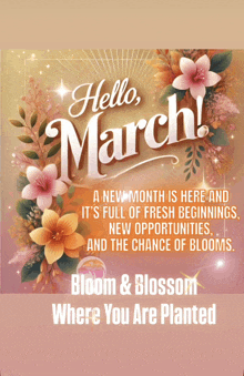 a poster with flowers and the words hello march