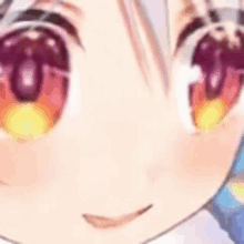 a close up of a anime girl 's face with purple eyes and a smile .