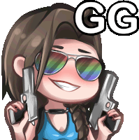 a cartoon drawing of a girl holding two guns and the word gg above her