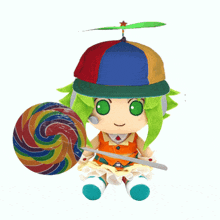 a stuffed doll with green hair and a colorful hat is holding a rainbow lollipop