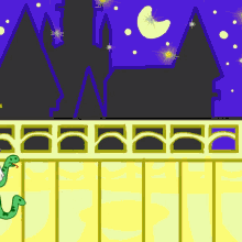 a drawing of a bridge with a castle in the background and a snake in the foreground