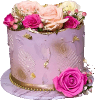 a purple cake with pink roses and gold leaves