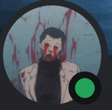 a man with blood on his face is in a circle with a green button