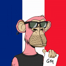 a cartoon monkey holding a piece of paper that says gm on it