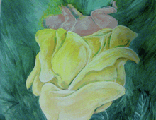 a painting of a baby sleeping inside of a yellow flower