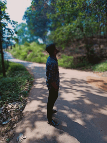 a man in a plaid shirt stands on a road